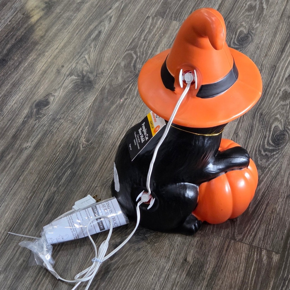 Black Cat Witch Hat Pumpkin Blow Mold 19in Plastic Orange Black Halloween Decor - Picture 6 of 7